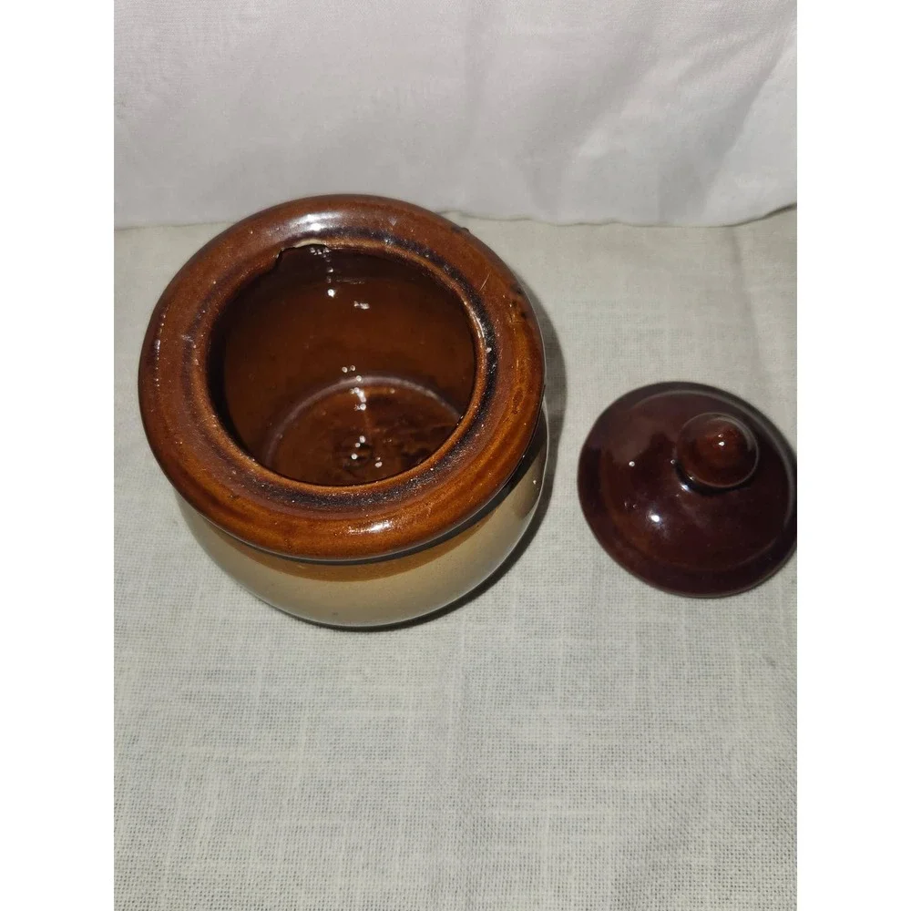 Vintage Two Tone Brown Tan Stoneware Bean Pot Honey Jar with Lid Rustic Crock